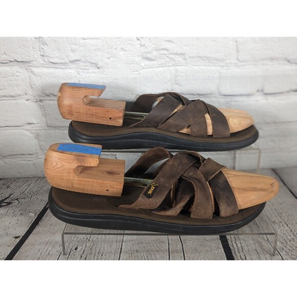 Teva Voya Slide Men's Size 12 Shoes Carafe Brown Leather Casual Slip On Sandals - Picture 1 of 8